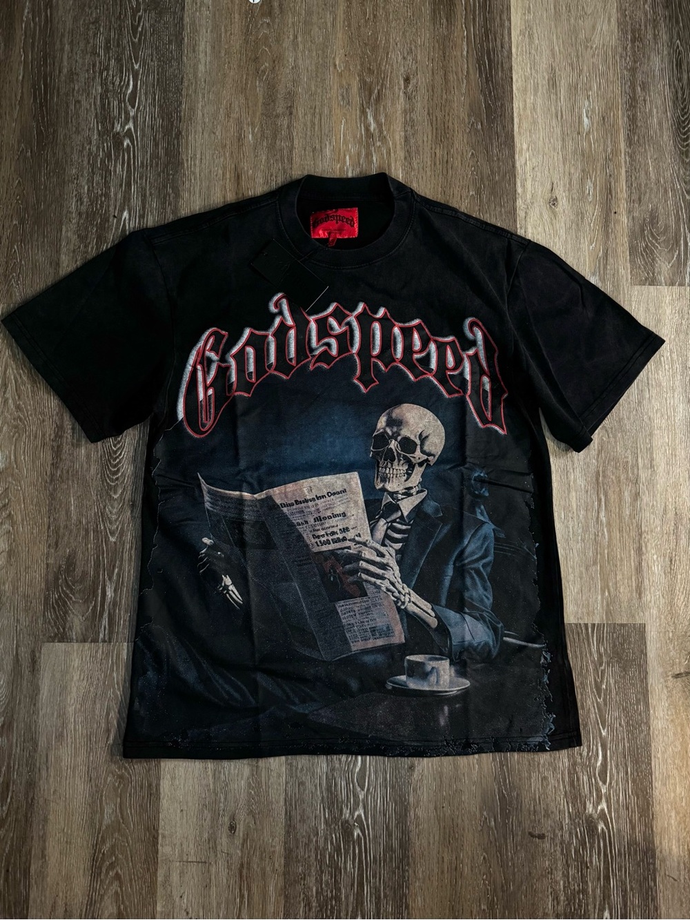 Godspeed skeleton newspaper graphic tee black red